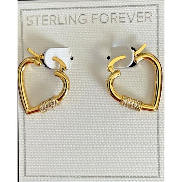 Sterling Forever 14K GP Brass Open Heart Shaped CZ Accent Hoop Earrings - Picture 2 of 2